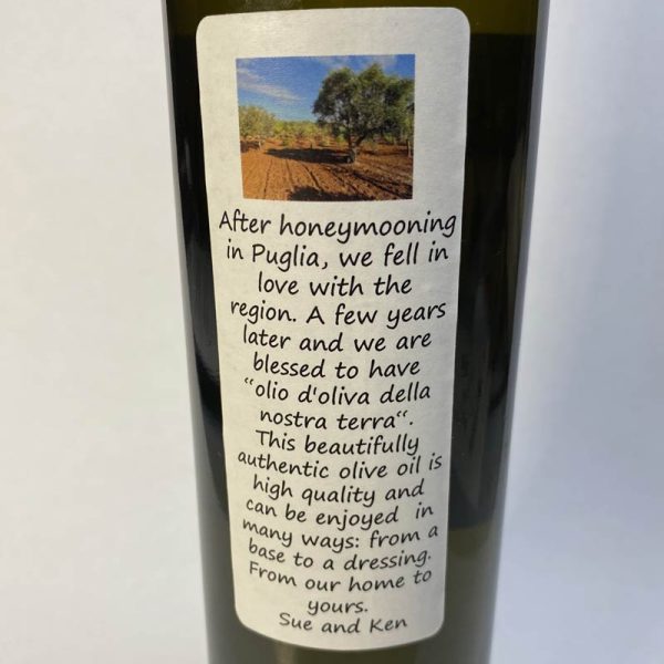 Casa Amorosa bottle of extra virgin olive oil message label on rear